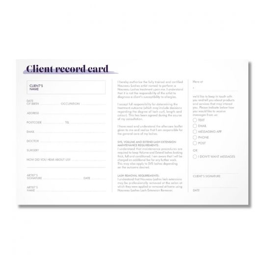Client Record Card Front Nouveau Lashes